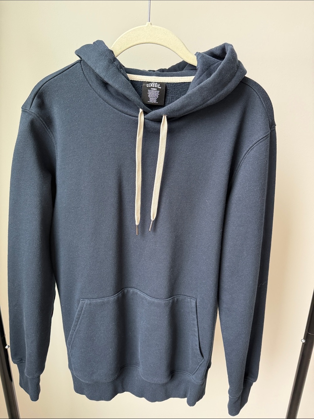 True Classic Men's Dark Navy Pullover Hoodie with Cream Drawstrings